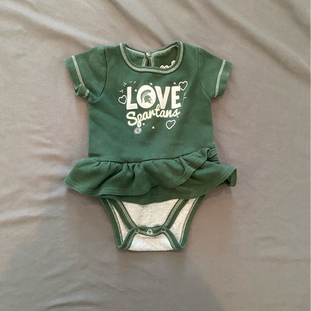 Green Michigan State Baby Girl Onesie Dress with Love Spartans Print